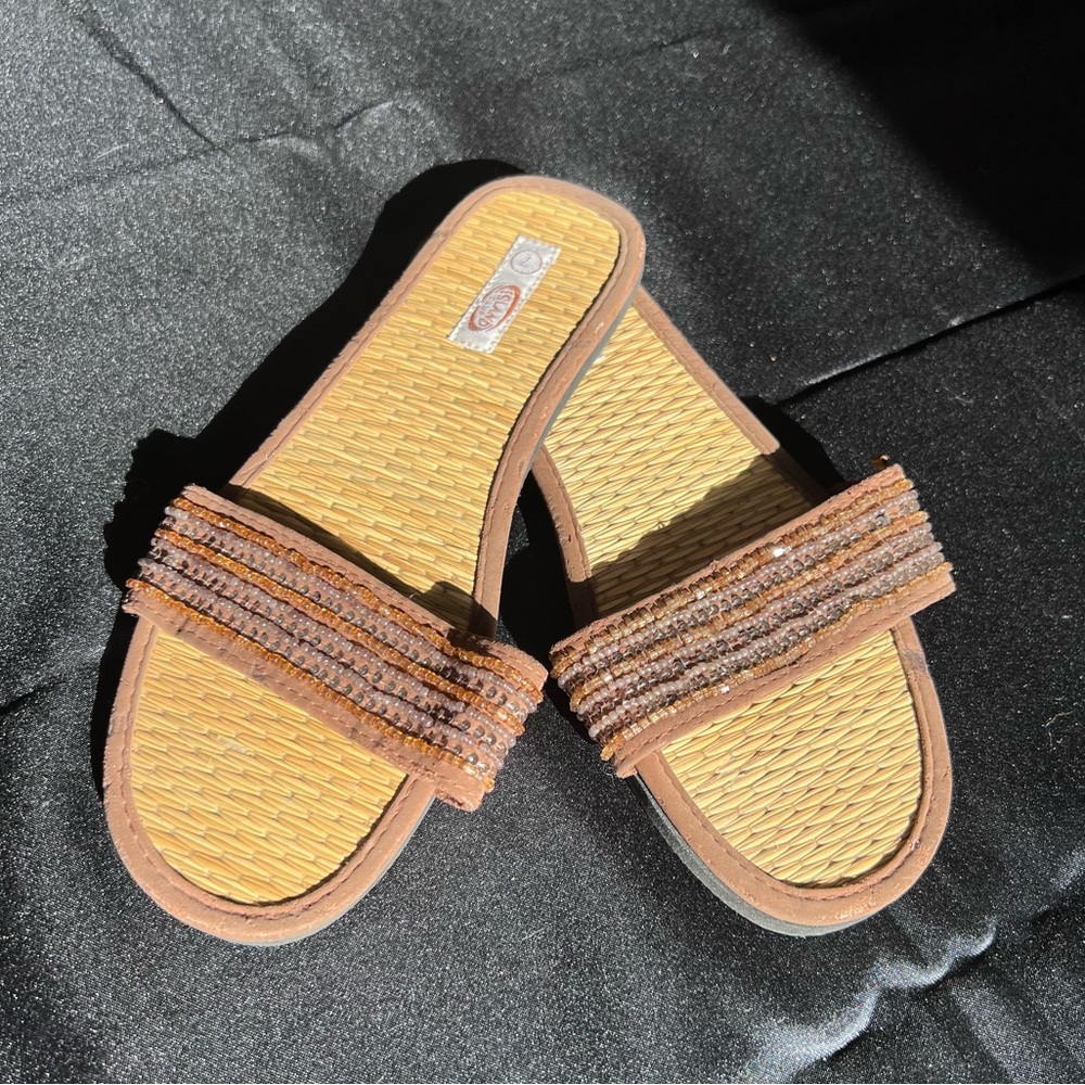 Island Club Beaded Wicker Slip On Sandal - Flat - Size 7 - Brown